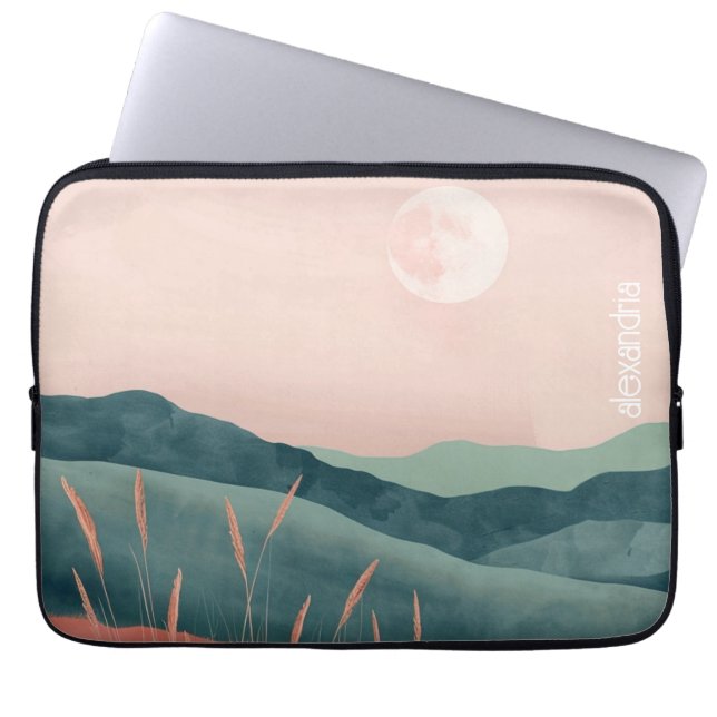 Funda Para Portátil Paisaje De Boho Resumen Montañas Con Nombre (Frente)