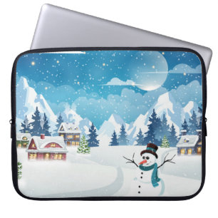 Funda Para Portátil Paisaje de invierno del pueblo nocturno con cubier