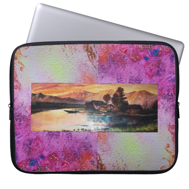 FUNDA PARA PORTÁTIL PAISAJE DE MONTAÑA ROSA LAGO ALPINE SUNSET (Frente)