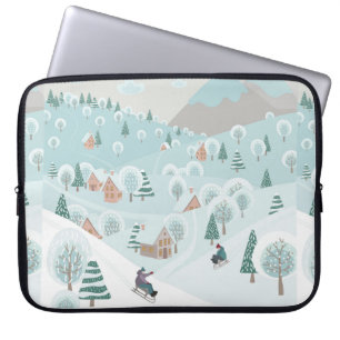 Funda Para Portátil Paisaje invernal con nieve, árboles y niños en