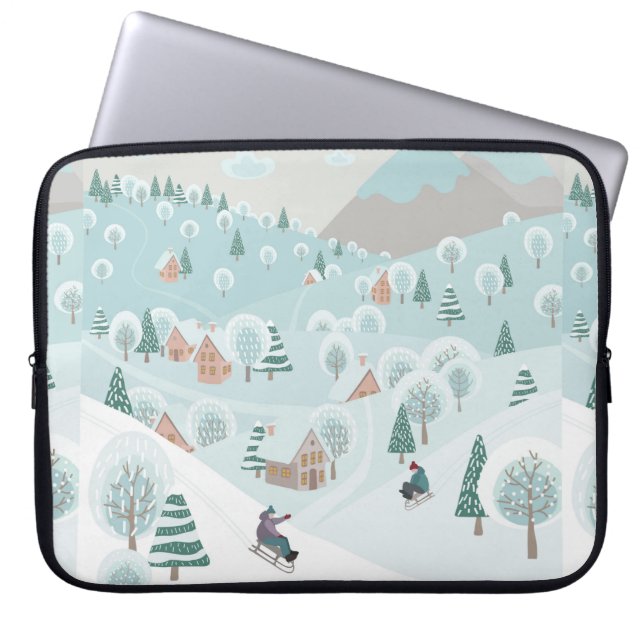 Funda Para Portátil Paisaje invernal con nieve, árboles y niños en (Frente)