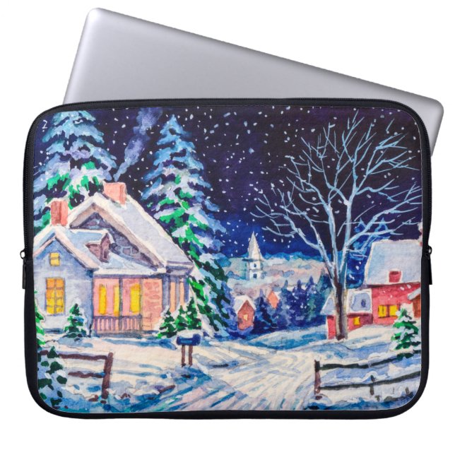 Funda Para Portátil Paisaje invernal nevado. Casa de campo. NAVIDADES  (Frente)