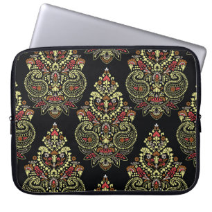 Funda Para Portátil Paisley indio, fondo geométrico negro