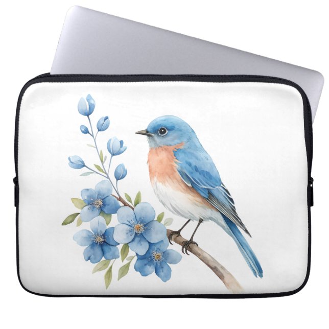 Funda Para Portátil Pájaro azul con flores azules (Frente)