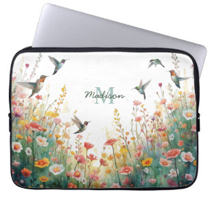 Funda Para Portátil Pájaros acuarela primaveral monograma floral flor