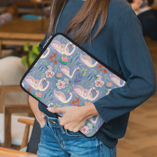 Funda Para Portátil Pájaros de cisne Patrón Azul Botánico Floral