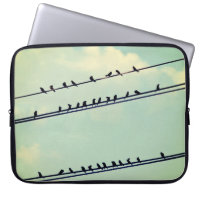 Pájaros en cables, cielo azul vintage.