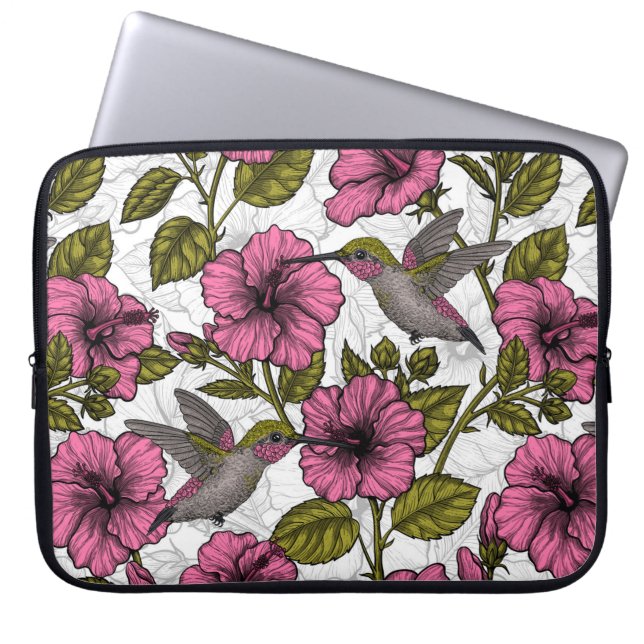 Funda Para Portátil Pájaros húmedos y flores de hibisco rosa (Frente)