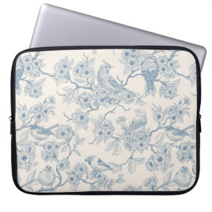 Funda Para Portátil Pájaros y flor de cerezo en azul y blanco desvaído