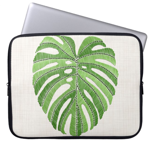 Funda Para Portátil Palm leaves embroidered. Green Tropical Monstera l (Frente)