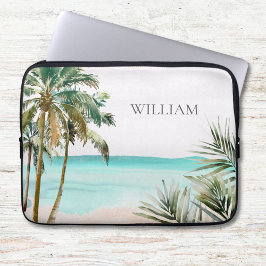 Funda Para Portátil Palm Tree tropical monogramada deja playa azul