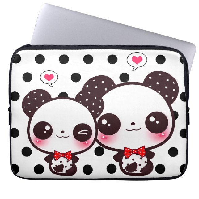 Funda Para Portátil Pandas de Kawaii en lunares negros (Frente)