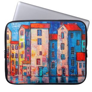 Funda Para Portátil Panorama de calle con casas coloridas. Impresión