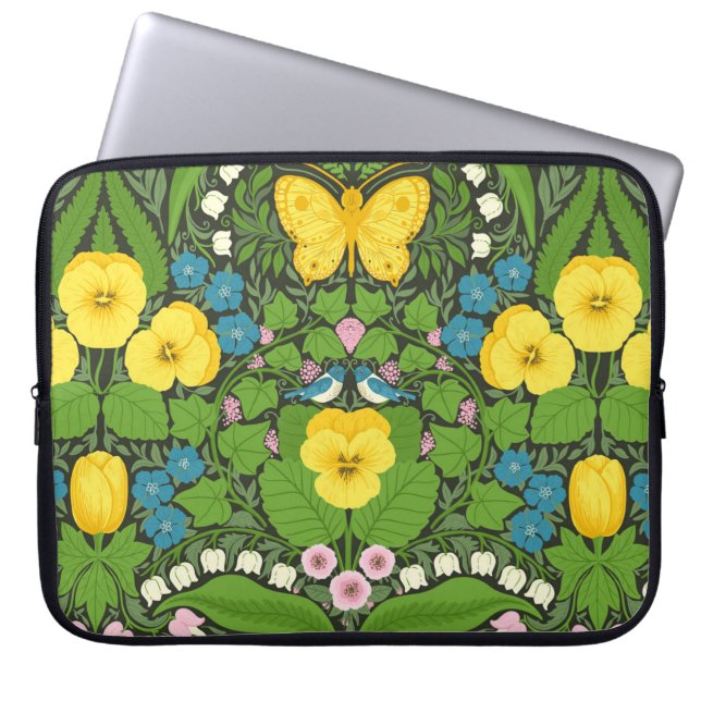 Funda Para Portátil Pansias amarillas, pájaros y mariposas (Frente)