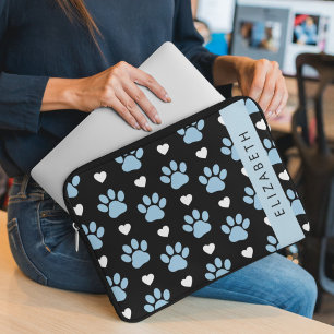 Funda Para Portátil Papas de perro, patas azules, corazones blancos, t