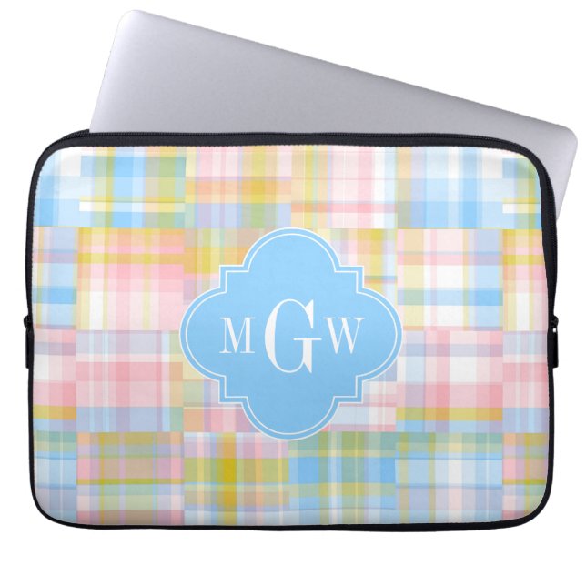 Funda Para Portátil Papel perrito Madras Pastel Quatrefoil Iniciales (Frente)