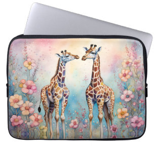 Funda Para Portátil Par de jirafas en un jardín pastel
