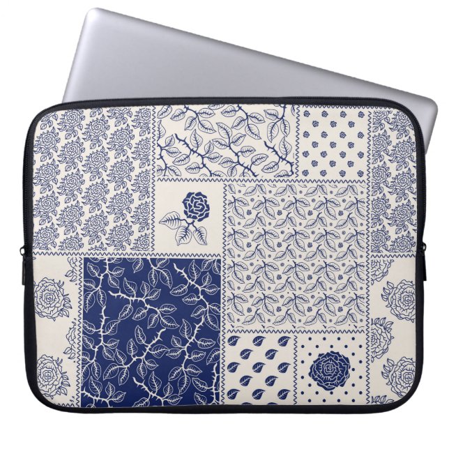 Funda Para Portátil Parche floral azul índigo beige (Frente)
