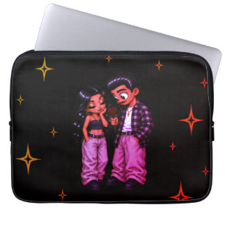 Funda Para Portátil Pareja de Amor Chicano Rosas Rojas Estrellas Dorad