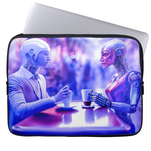 Funda Para Portátil Pareja de Cyborgs comiendo bebidas en café calleje (Frente)