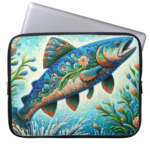 Funda Para Portátil Pase azul verdoso floral de salmón