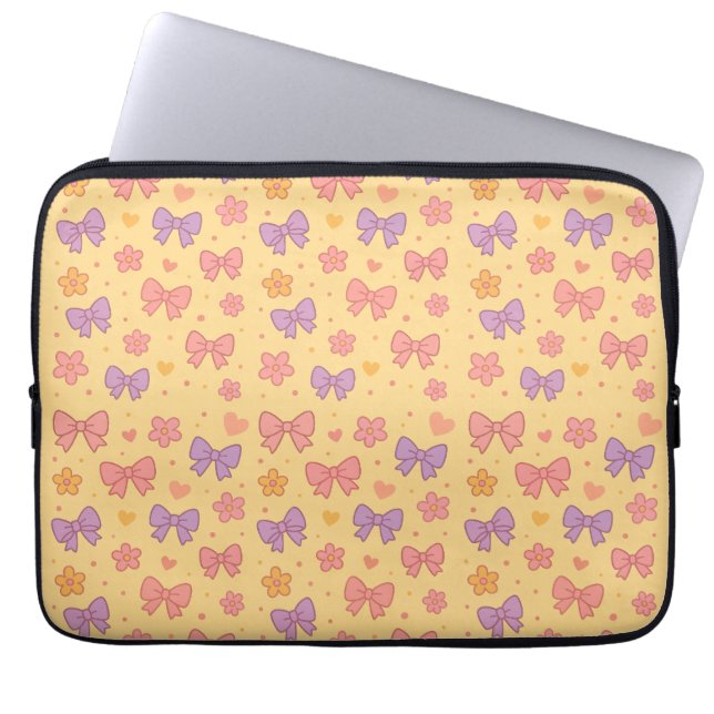 Funda Para Portátil Pastel Bows & Flowers Pattern – Cute Yellow Girly (Frente)