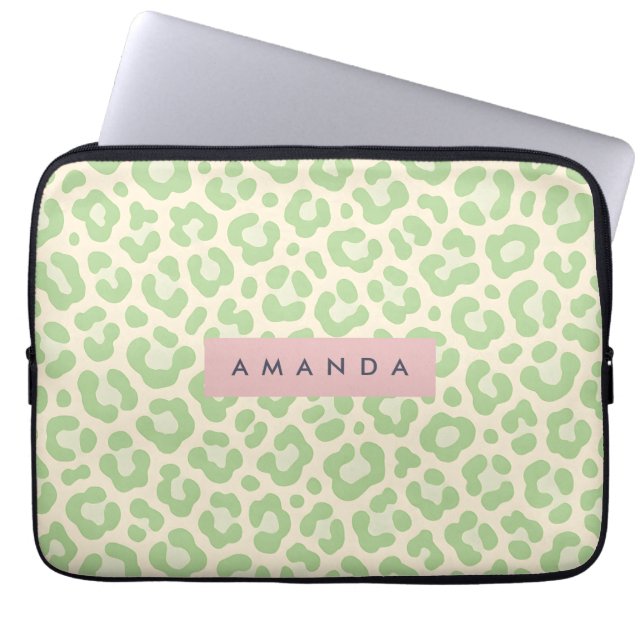 Funda Para Portátil Pastel Verde Personalizado con Estampado de Leopar (Frente)
