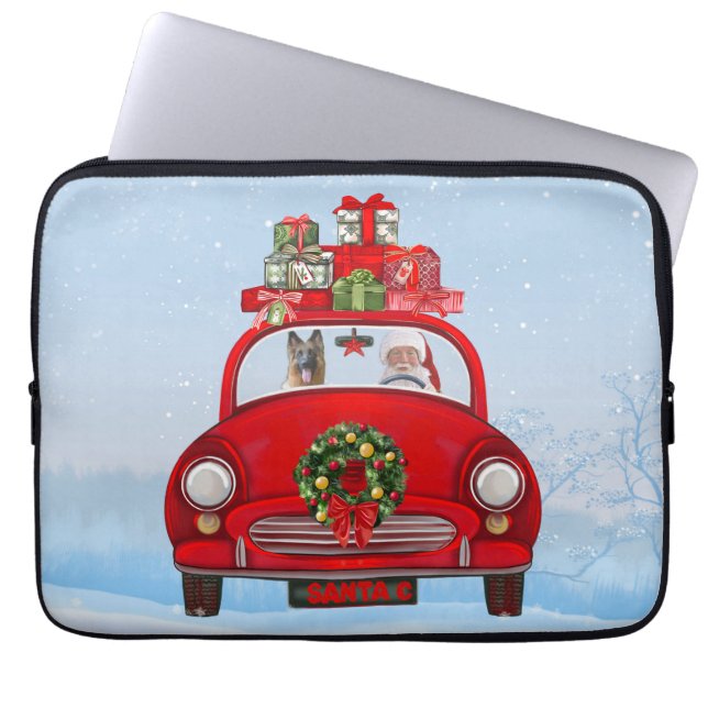Funda Para Portátil Pastor Alemán En Coche Con Santa Claus (Frente)