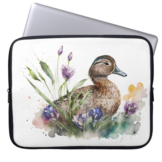 Funda Para Portátil Pato De Acuarela En Flores (Frente)