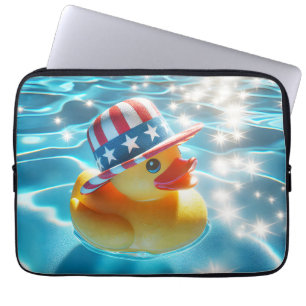 Funda Para Portátil Pato de goma amarillo patriótico en piscina