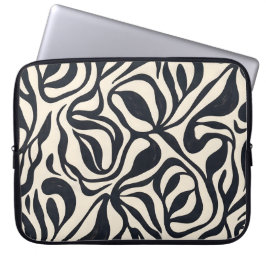 Funda Para Portátil Patrón abstracto de hojas botánicas en negro y cre
