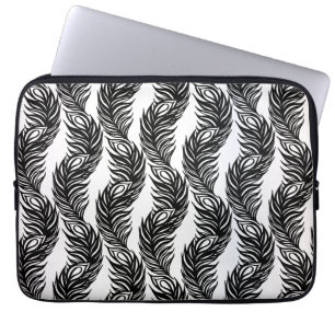 Funda Para Portátil Patrón abstracto de plumas de pavo real negro y bl