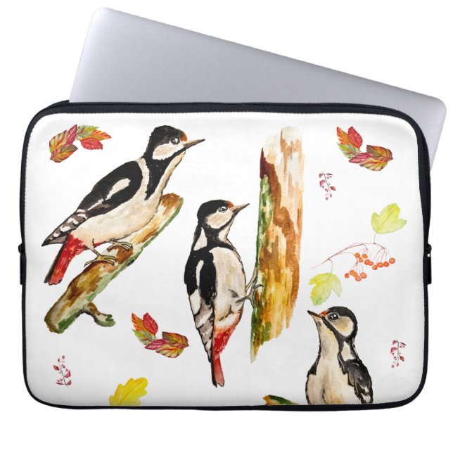 Funda Para Portátil Patrón acuarela con pájaros carpinteros (Frente)