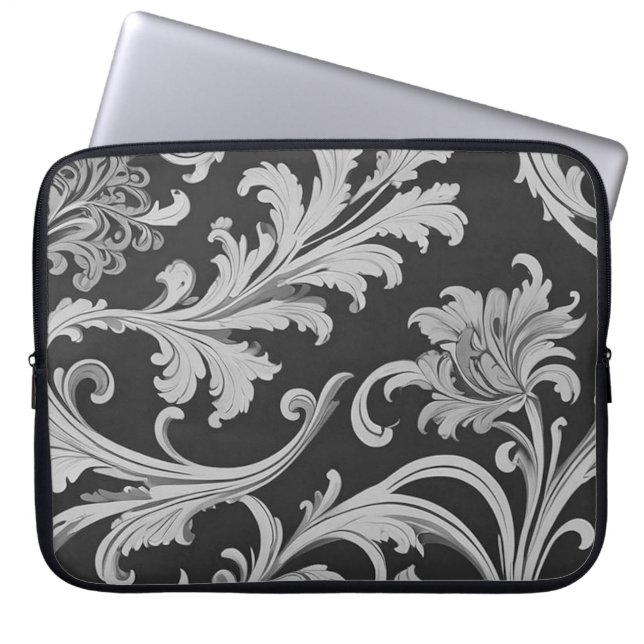Funda Para Portátil Patrón antiguo de flores monocromo (Frente)