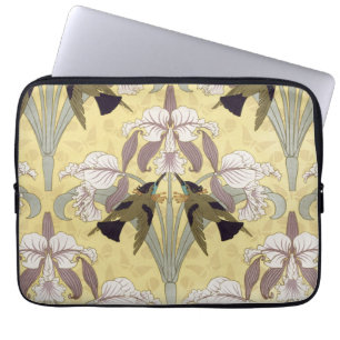Funda Para Portátil Patrón Art Nouveau de Orquídea Colibrí Vintage