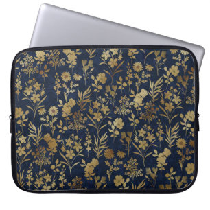 Funda Para Portátil Patrón azul de las flores de oro botánicas