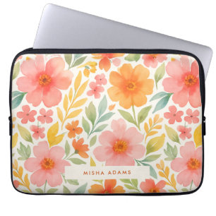 Funda Para Portátil Patrón Brillante Rosa Naranja Floral Acuarela 