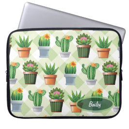 Funda Para Portátil Patrón Cactus de Gingham Verde