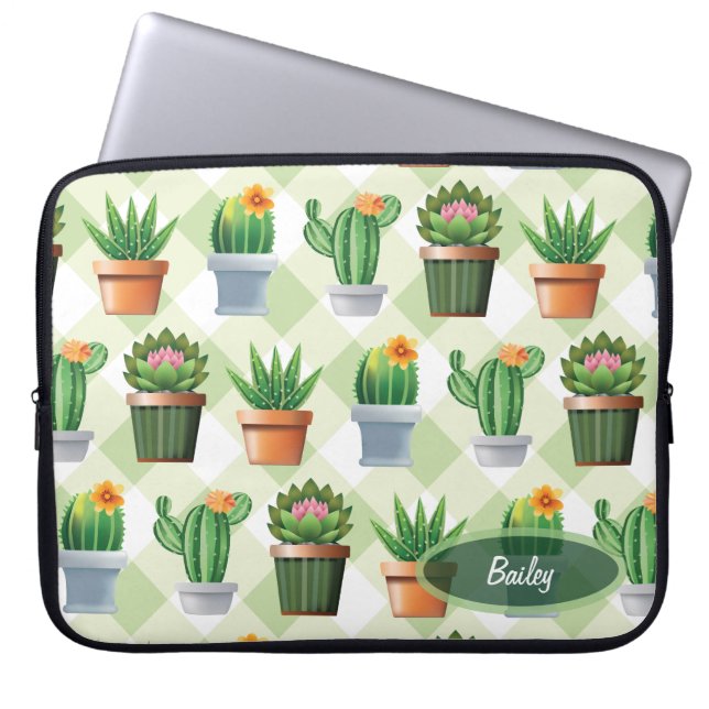 Funda Para Portátil Patrón Cactus de Gingham Verde (Frente)