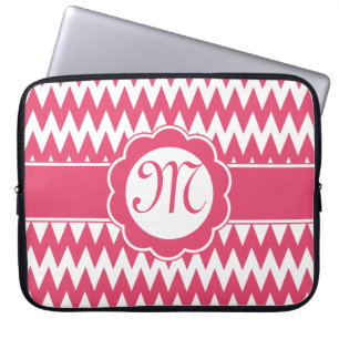 Funda Para Portátil Patrón Chevron rosa y flor monogramo