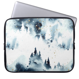 Funda Para Portátil Patrón de acuarela del bosque azul de medianoche