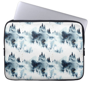 Funda Para Portátil Patrón de acuarela del bosque azul de medianoche