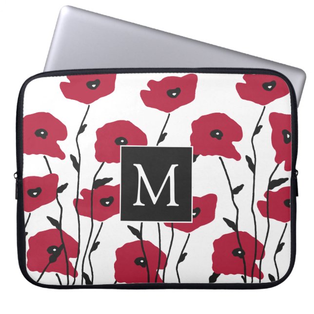 Funda Para Portátil Patrón de amapolas con monograma moderno (Frente)