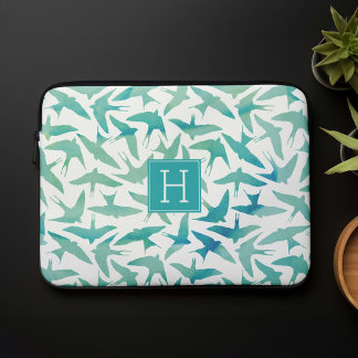 Funda Para Portátil Patrón de aves acuarelas verde azuladas