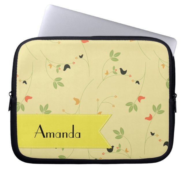 Funda Para Portátil Patrón de aves, hojas, bayas, tu nombre (Frente)