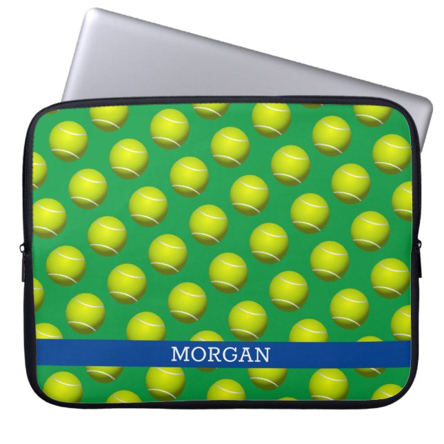 Funda Para Portátil Patrón de bolas de tenis, nombre blanco, azul y ve (Frente)