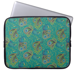 Funda Para Portátil Patrón de cachemira de pavo real en azul verde