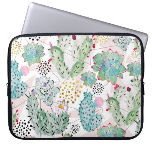 Funda Para Portátil patrón de cactus y triángulos de acuarela