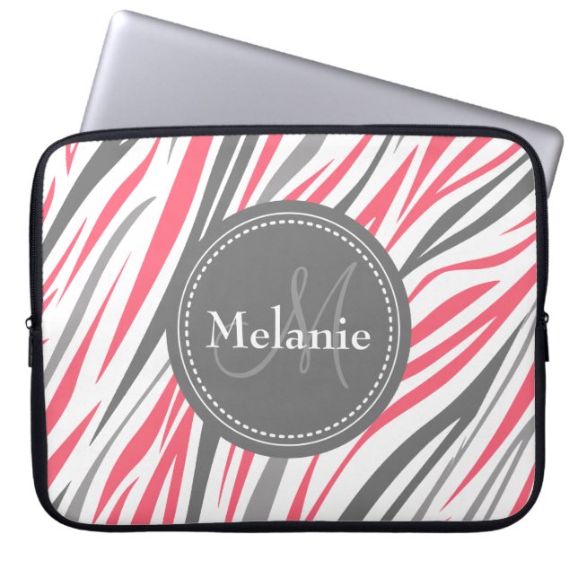 Funda Para Portátil Patrón de cebra rosa y gris monogramado (Frente)