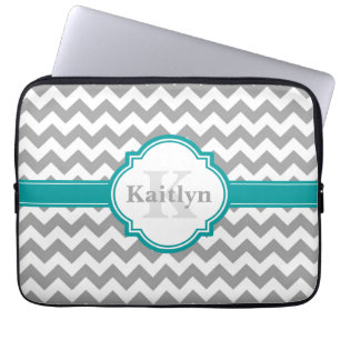 Funda Para Portátil Patrón de cheurón gris verde azulado y hoja de qua